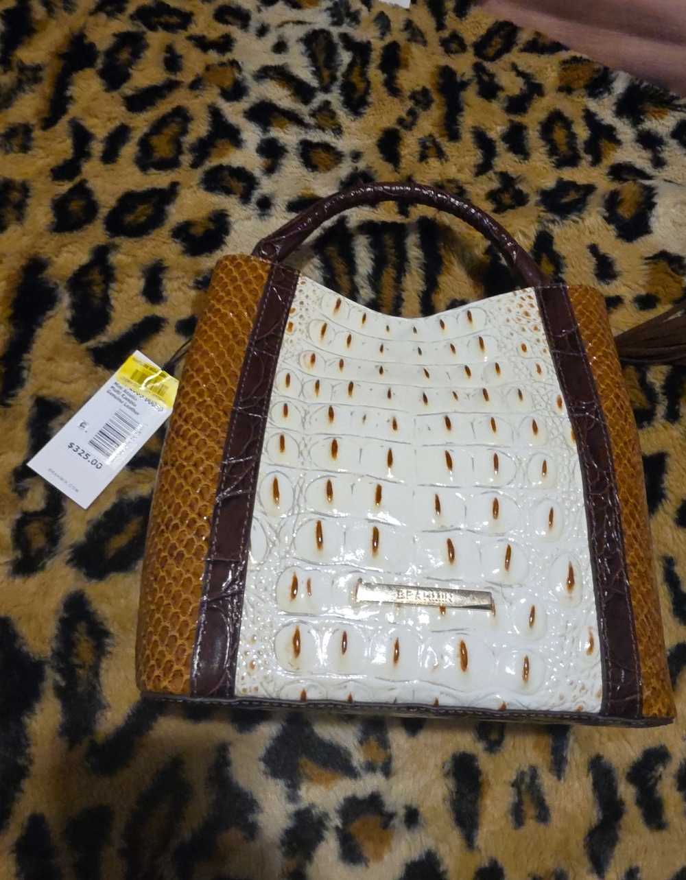 Brahmin White, Brown and Tan Croc-Embossed Satchel